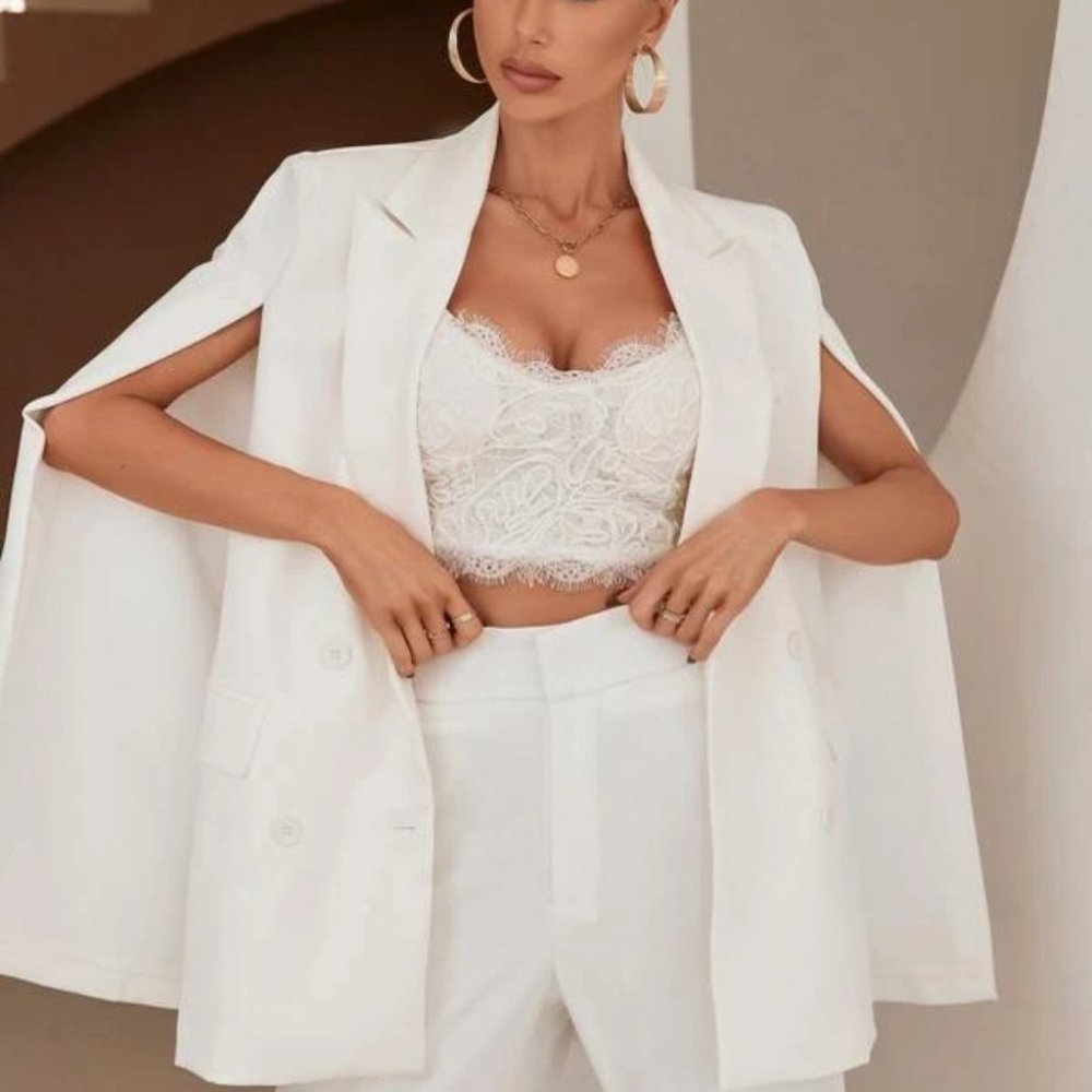 White Modern Cape Cloak Sleeved Double Breasted Blazer work chic classy - Picture 3 of 6